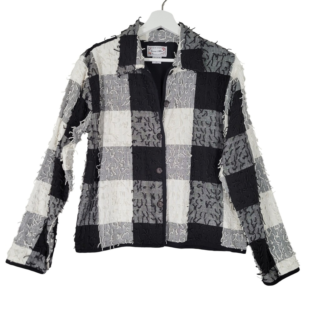 Carrie Allen‎ Jacket Women Small Black White Check Textured 3D Yarn Cotton Art